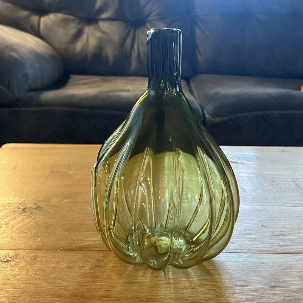 Smith and Hawkin Poland Handmade Art Glass Green Pumpkin Fall Decor Candle Dish
